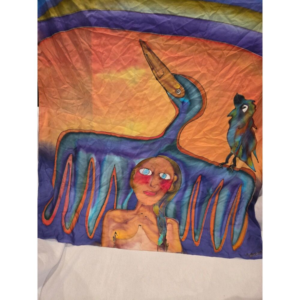 Vintage Signed Tsonga Hand Painted Silk Scarf Abstract Folk Art Bird Sunburst